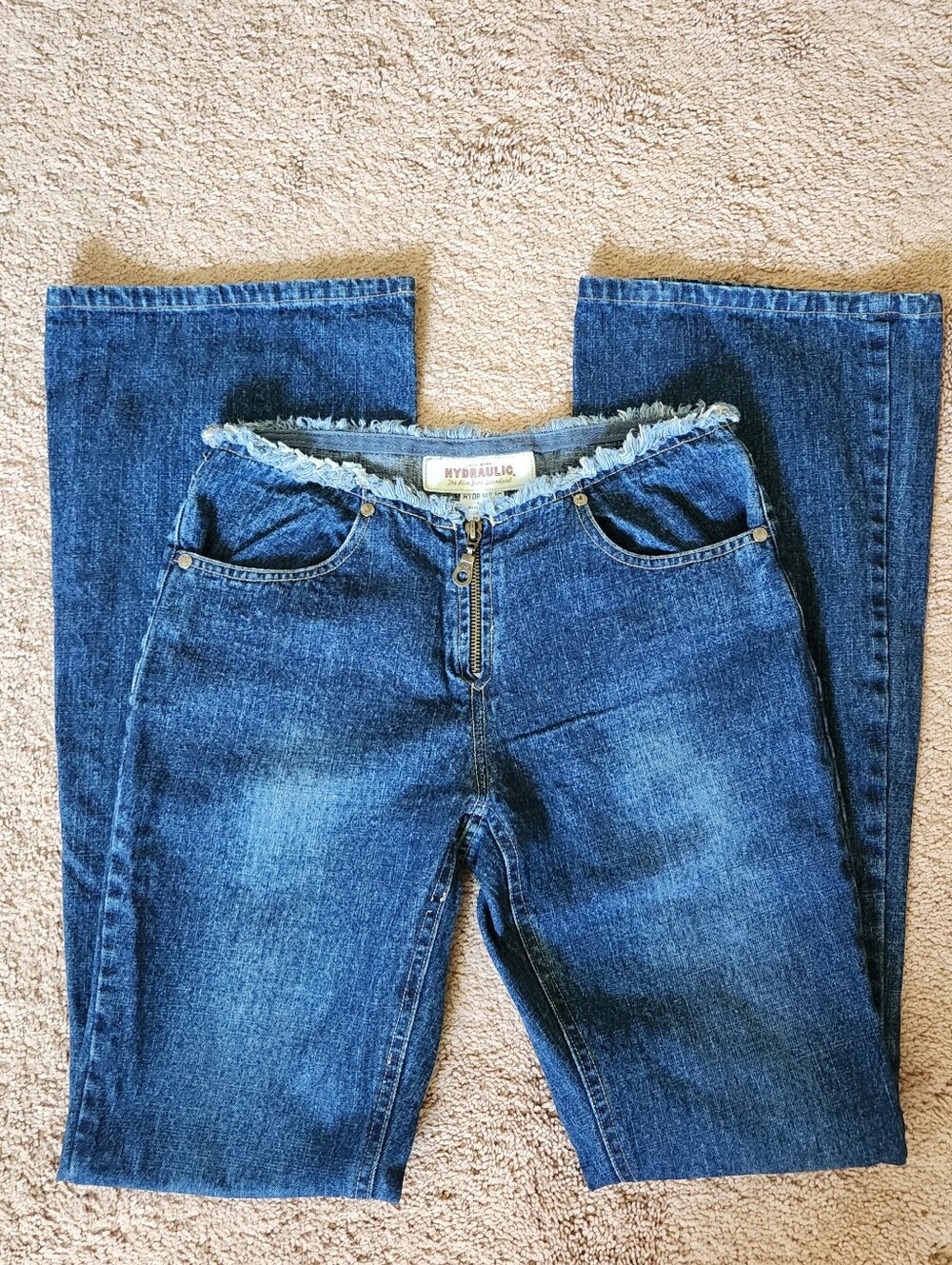 Vtg Y2K Low Rise Frayed Waist Zippered Front Flare Cotton Jeans  Medium Wash 25